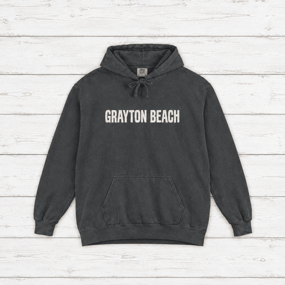 Grayton Beach hoodie flat lay on whitewashed boards