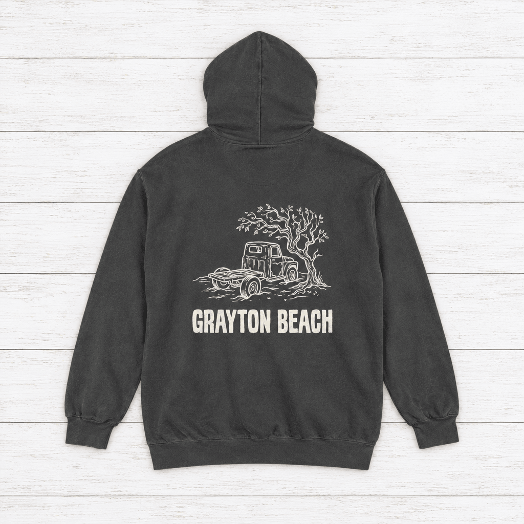 Grayton Beach hoodie flat lay on whitewashed boards