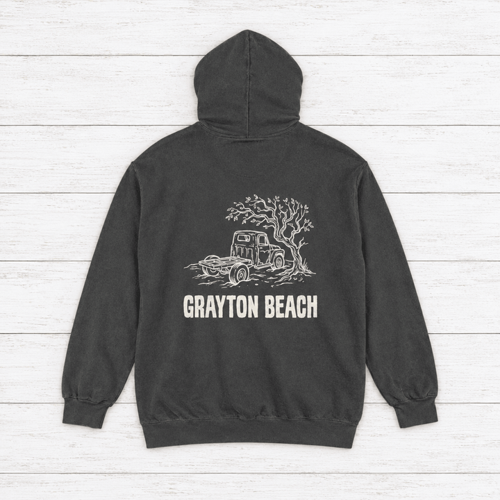 Grayton Beach hoodie flat lay on whitewashed boards