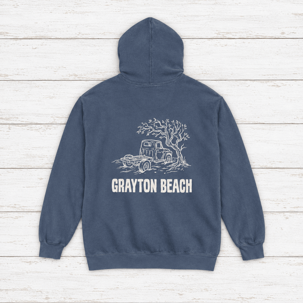 Grayton Beach hoodie flat lay on whitewashed boards