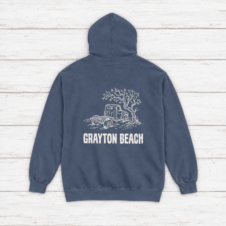 Grayton Beach hoodie flat lay on whitewashed boards