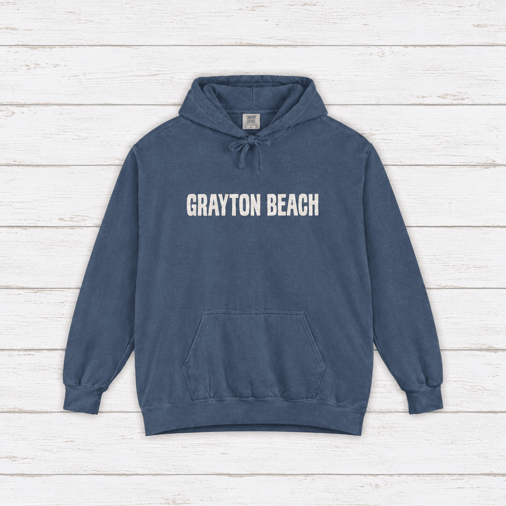 Grayton Beach hoodie flat lay on whitewashed boards