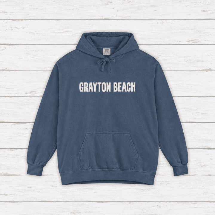 Grayton Beach hoodie flat lay on whitewashed boards