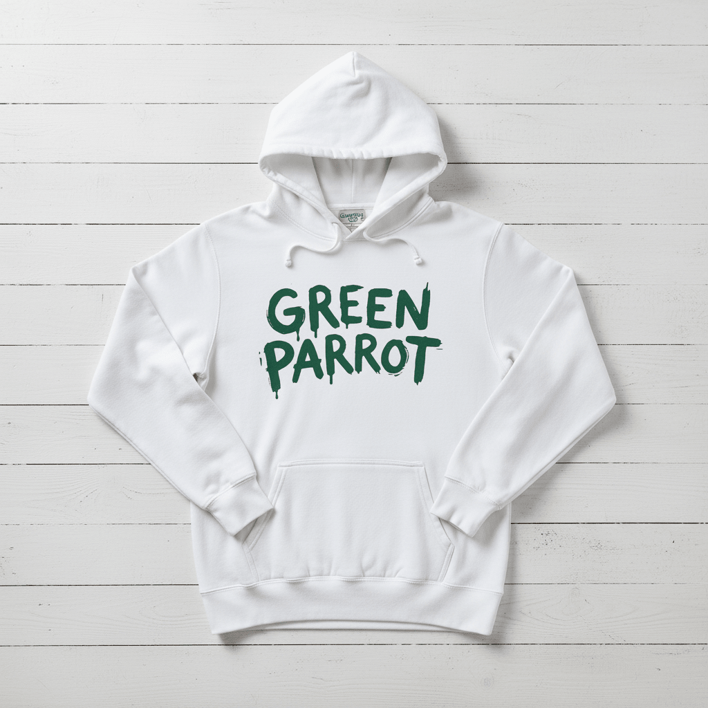 White Green Parrot hoodie front flat lay on whitewashed boards