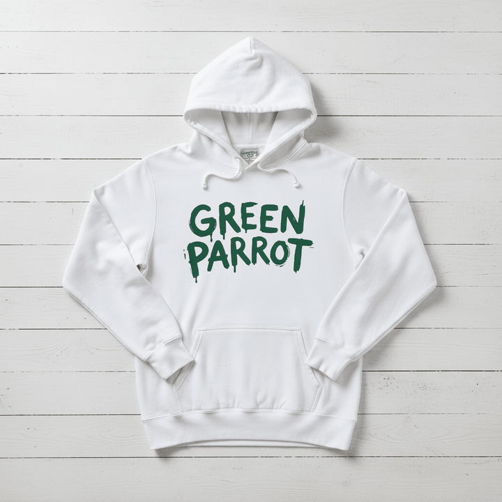 White Green Parrot hoodie front flat lay on whitewashed boards