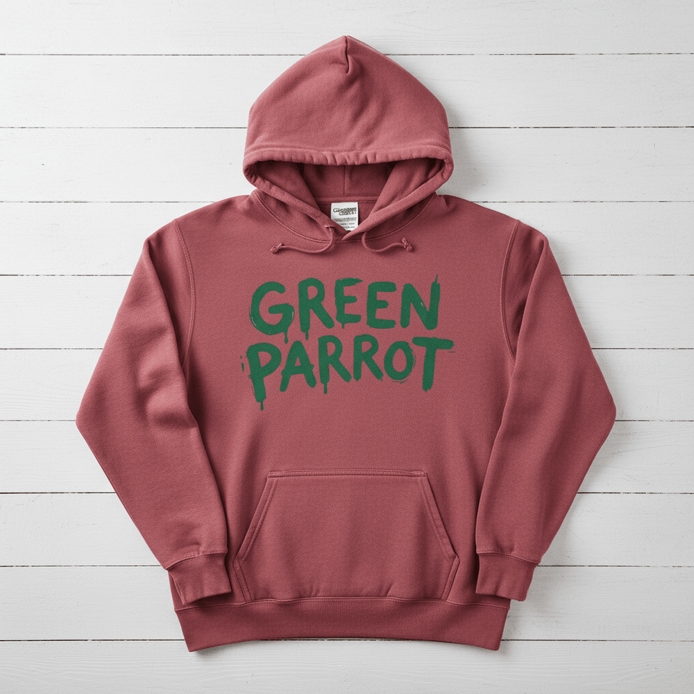 Crimson Green Parrot hoodie front flat lay on whitewashed boards