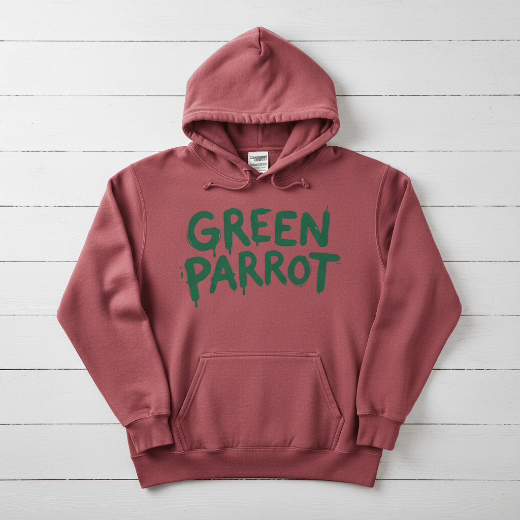 Crimson Green Parrot hoodie front flat lay on whitewashed boards