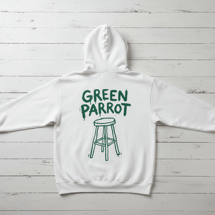 White Green Parrot hoodie back flat lay on whitewashed boards