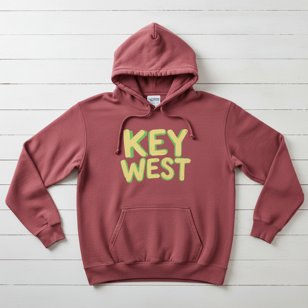 Crimson Key West hoodie front flat lay on whitewashed boards