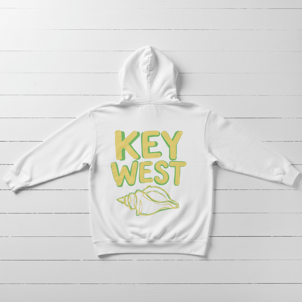 White Key West conch shell hoodie back flat lay on whitewashed boards