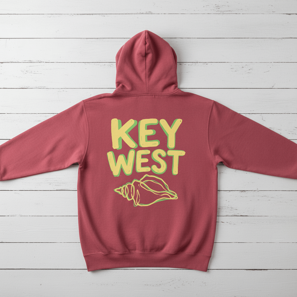 Crimson Key West conch shell hoodie back flat lay on whitewashed boards