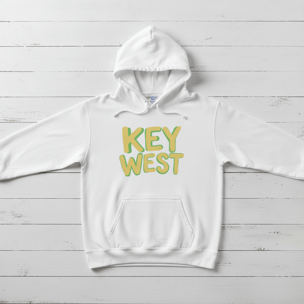 White Key West hoodie front flat lay on whitewashed boards