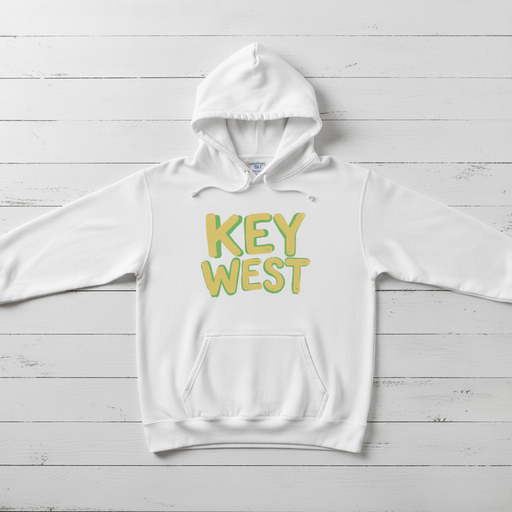 White Key West hoodie front flat lay on whitewashed boards