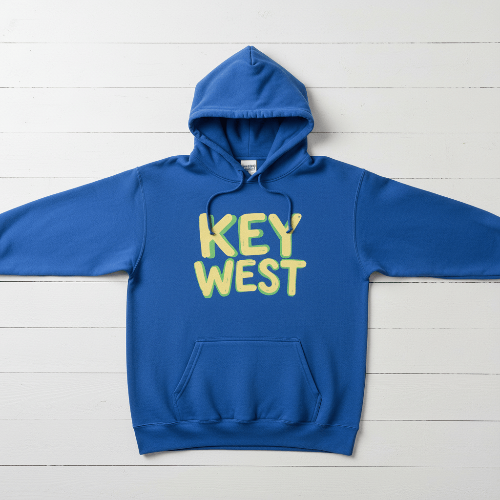 Flo Blue Key West hoodie front flat lay on whitewashed boards