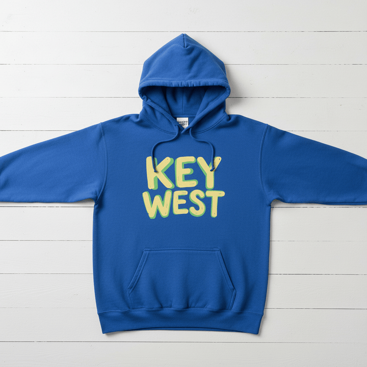 Flo Blue Key West hoodie front flat lay on whitewashed boards