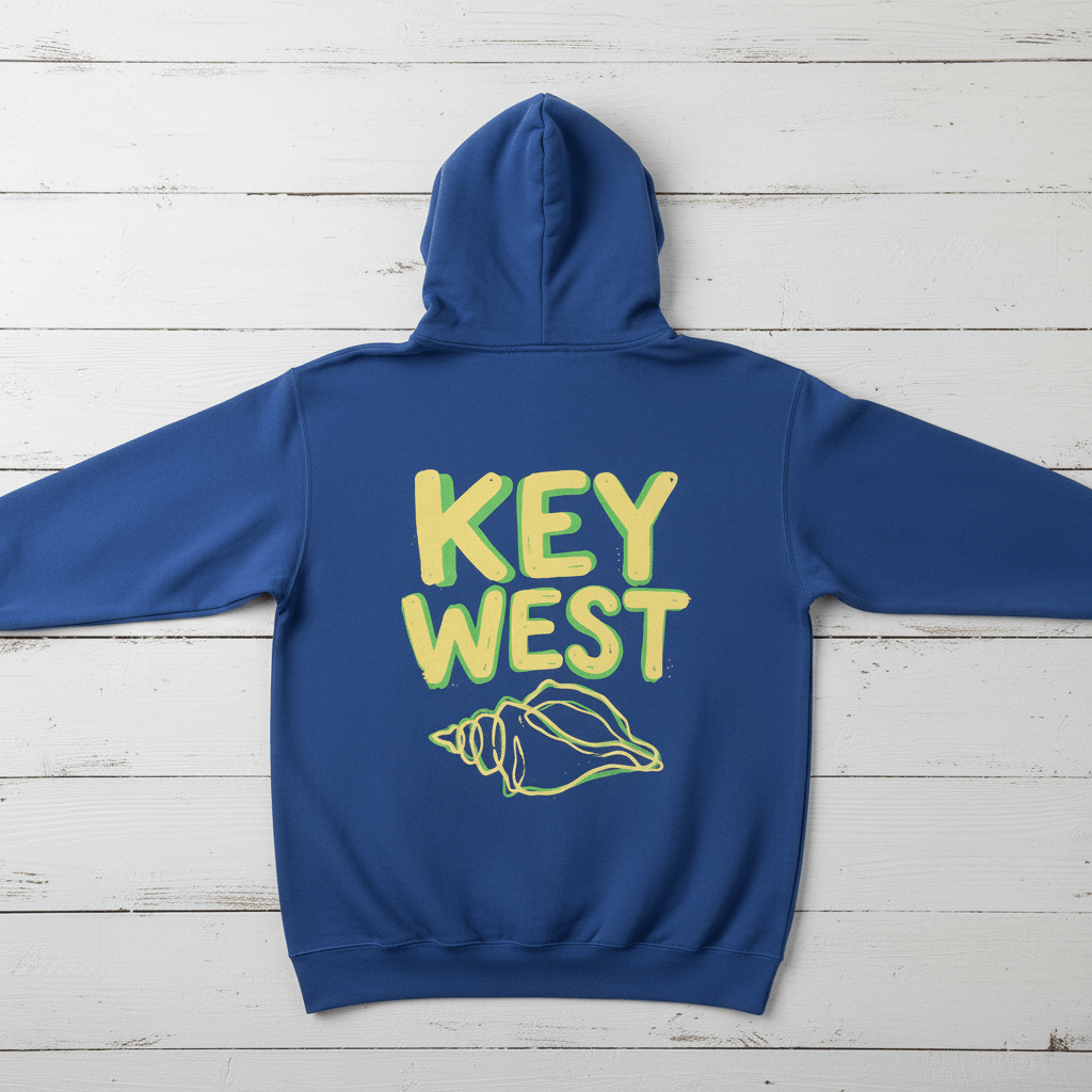 Flo Blue Key West conch shell hoodie back flat lay on whitewashed boards