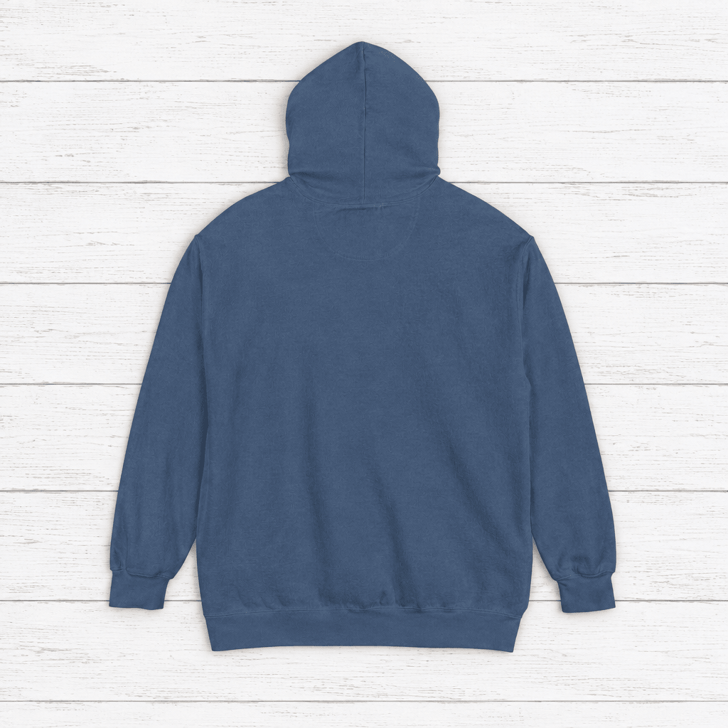 Lone Sardine hoodie flat lay on whitewashed boards