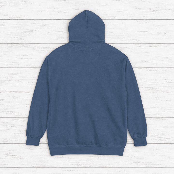 Lone Sardine hoodie flat lay on whitewashed boards