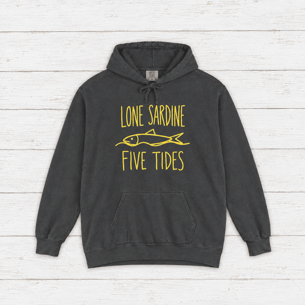 Lone Sardine hoodie flat lay on whitewashed boards