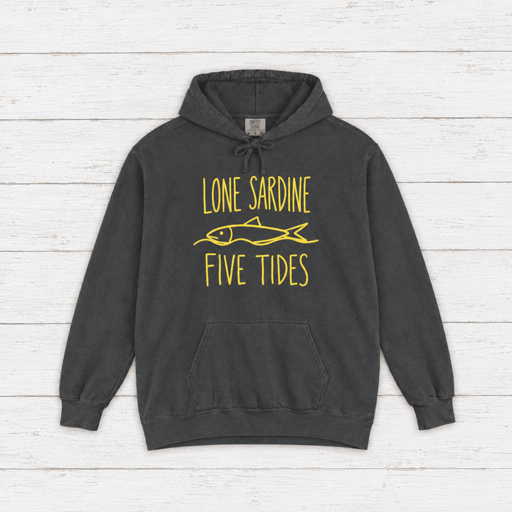 Lone Sardine hoodie flat lay on whitewashed boards