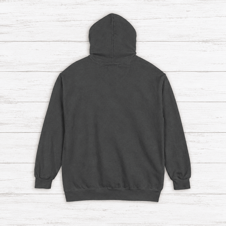 Lone Sardine hoodie flat lay on whitewashed boards