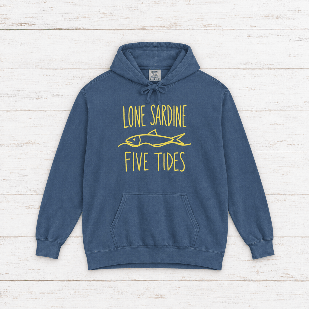 Lone Sardine hoodie flat lay on whitewashed boards