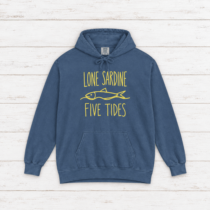 Lone Sardine hoodie flat lay on whitewashed boards