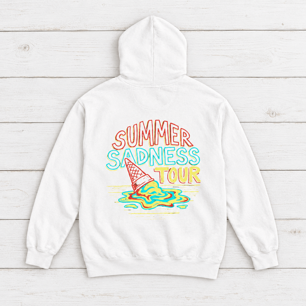 White Melting Ice Cream Cone hoodie back print — Summer Sadness Tour retro graphic pullover by Five Tides Apparel