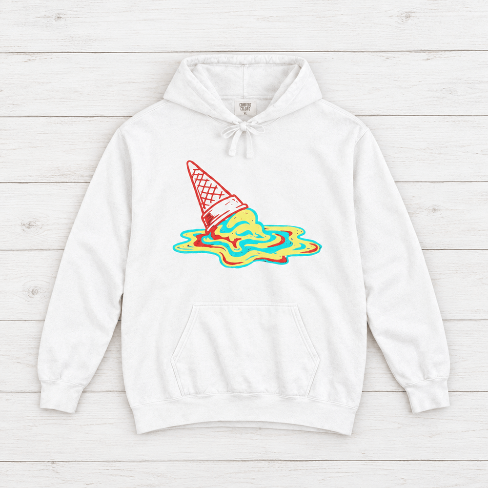 White Melting Ice Cream Cone hoodie front flat lay on whitewashed boards