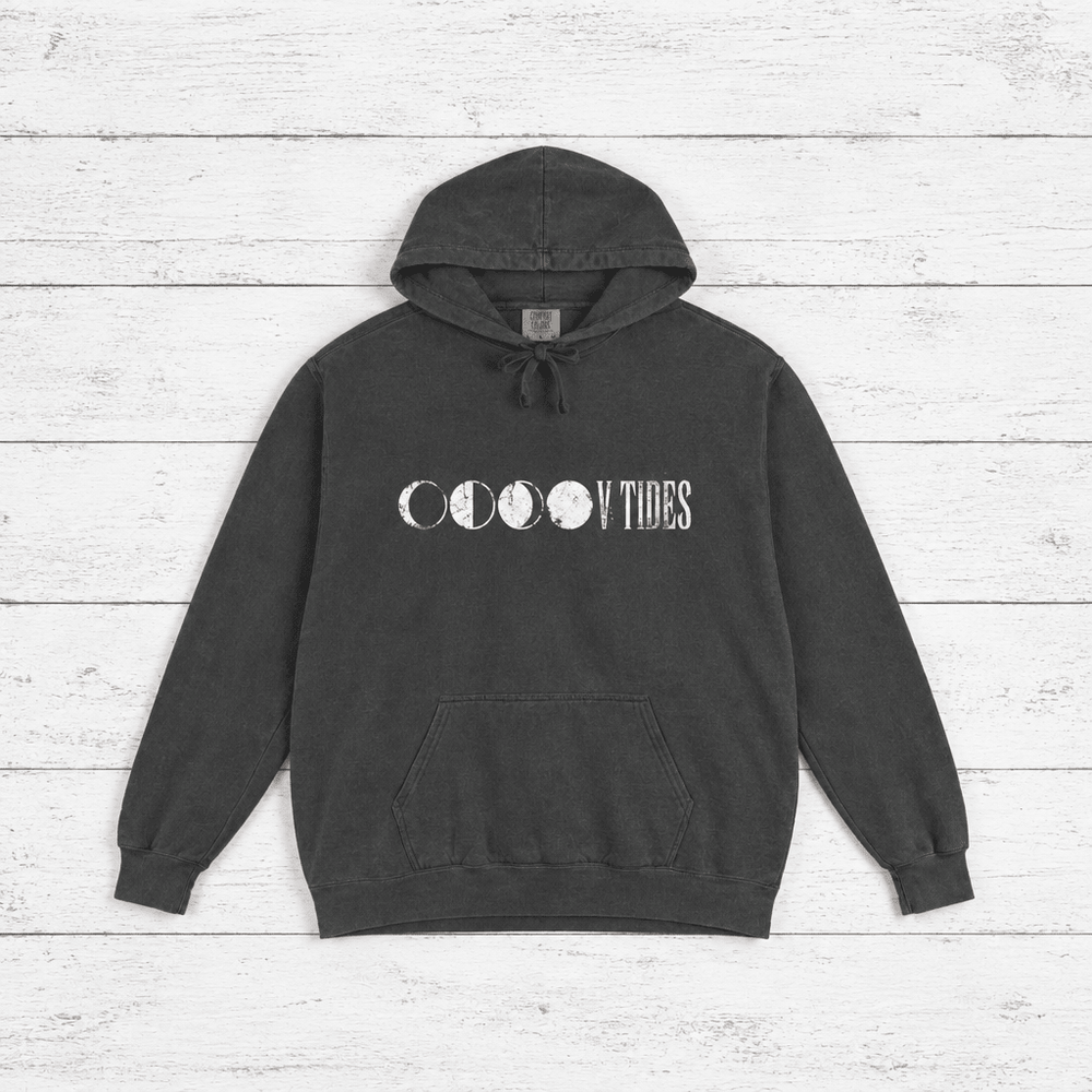 Moon Phases Tides hoodie flat lay on whitewashed boards