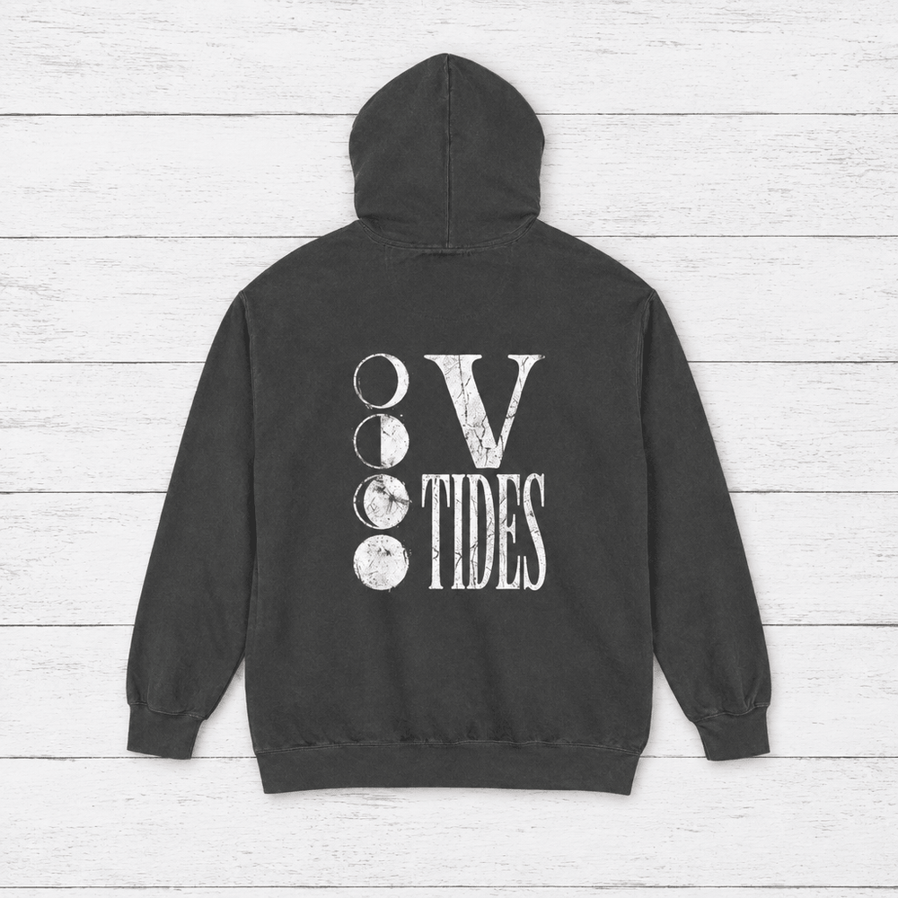 Moon Phases lunar tides pepper hoodie back flat lay — lunar graphic pullover by Five Tides Apparel