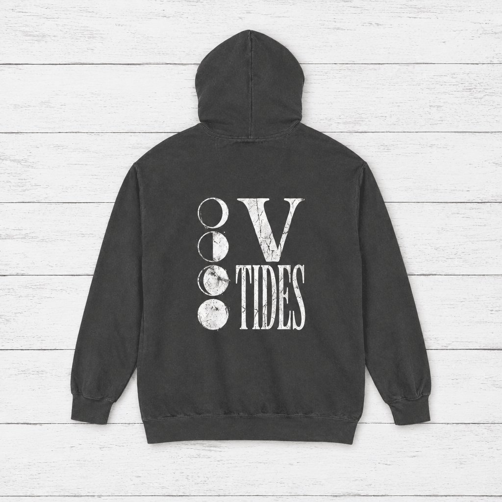 Moon Phases Tides hoodie flat lay on whitewashed boards