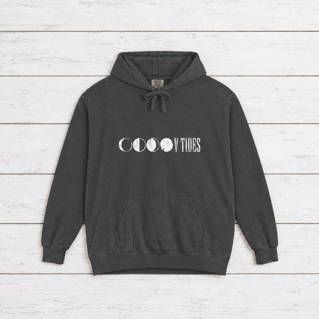 Moon Phases Vibes hoodie flat lay on whitewashed boards