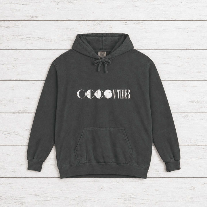 Moon Phases Vibes hoodie flat lay on whitewashed boards