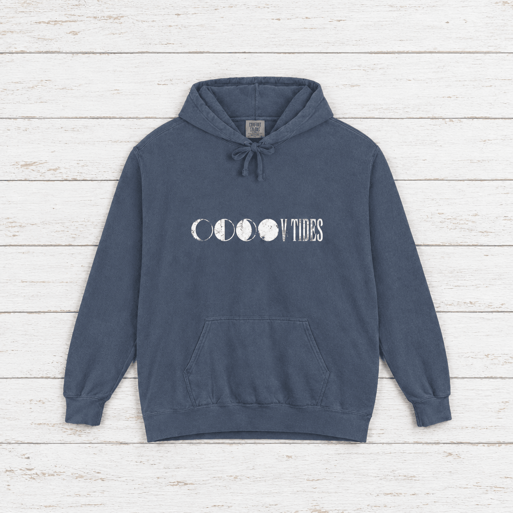 Moon Phases Vibes hoodie flat lay on whitewashed boards