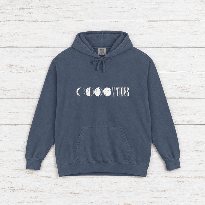 Moon Phases Vibes hoodie flat lay on whitewashed boards