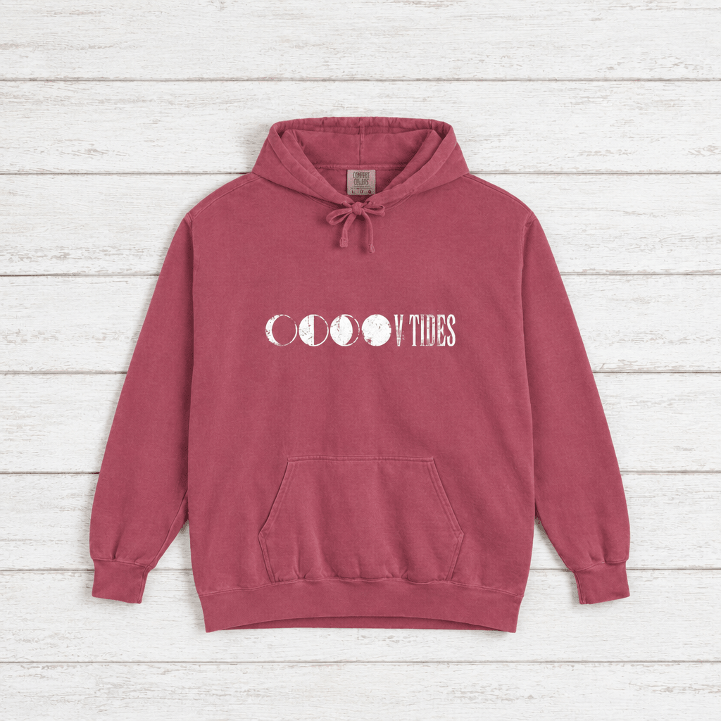 Moon Phases Vibes hoodie flat lay on whitewashed boards