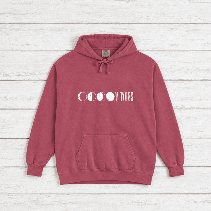 Moon Phases Vibes hoodie flat lay on whitewashed boards