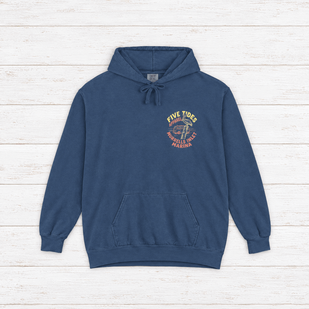 Murrells Inlet Marina navy hoodie flat lay on whitewashed boards