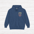 Murrells Inlet Marina navy hoodie flat lay, view 2 — Salt Rooted gull graphic pullover by Five Tides Apparel