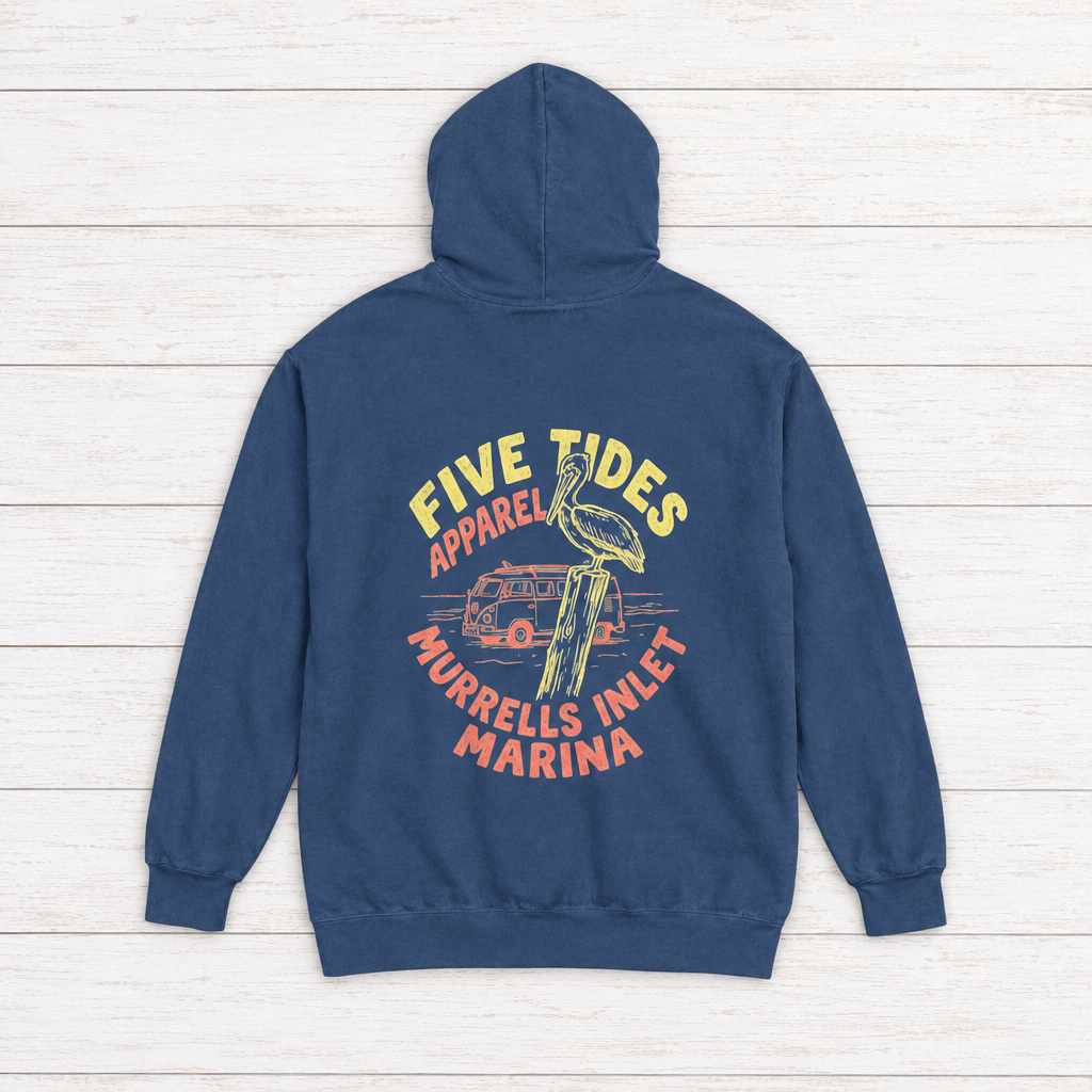 Murrells Inlet Marina navy hoodie flat lay on whitewashed boards