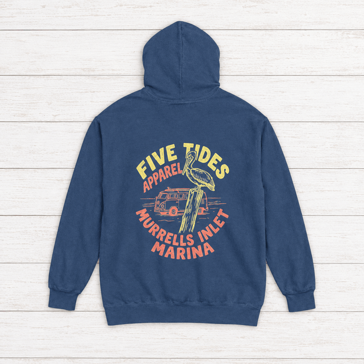 Murrells Inlet Marina navy hoodie flat lay on whitewashed boards