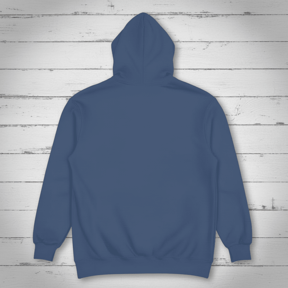 Navy hoodie back on whitewashed boards