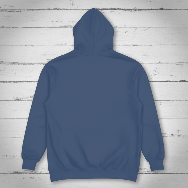 Navy hoodie back on whitewashed boards