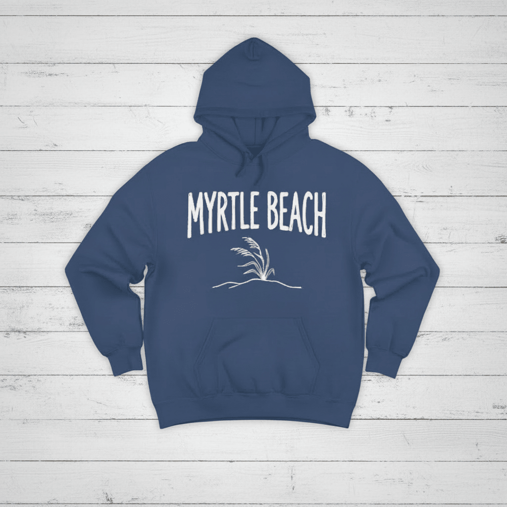 Navy hoodie front on whitewashed boards