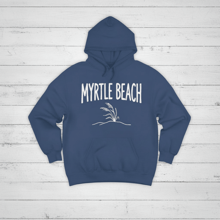 Navy hoodie front on whitewashed boards