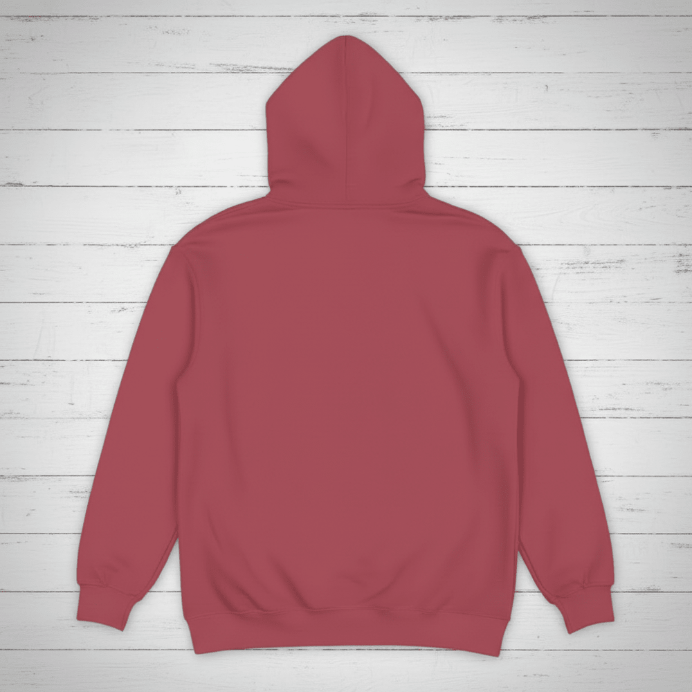 Crimson hoodie back on whitewashed boards