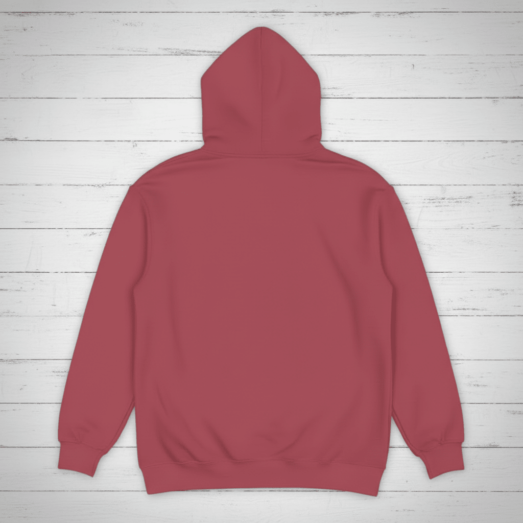 Crimson hoodie back on whitewashed boards