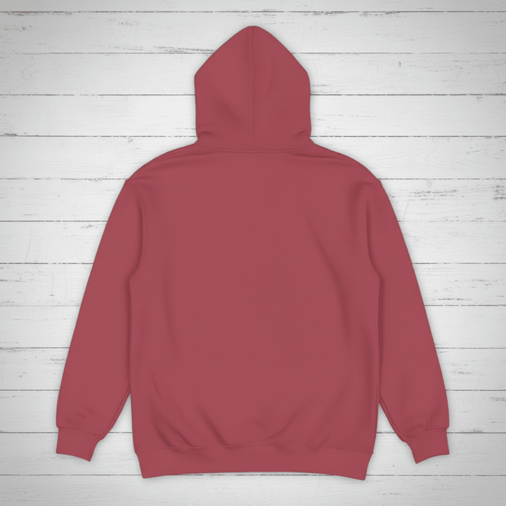 Crimson hoodie back on whitewashed boards