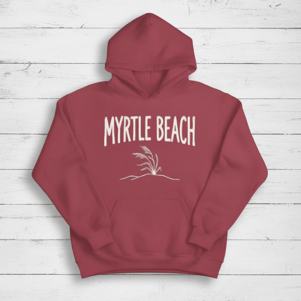 Crimson hoodie front on whitewashed boards